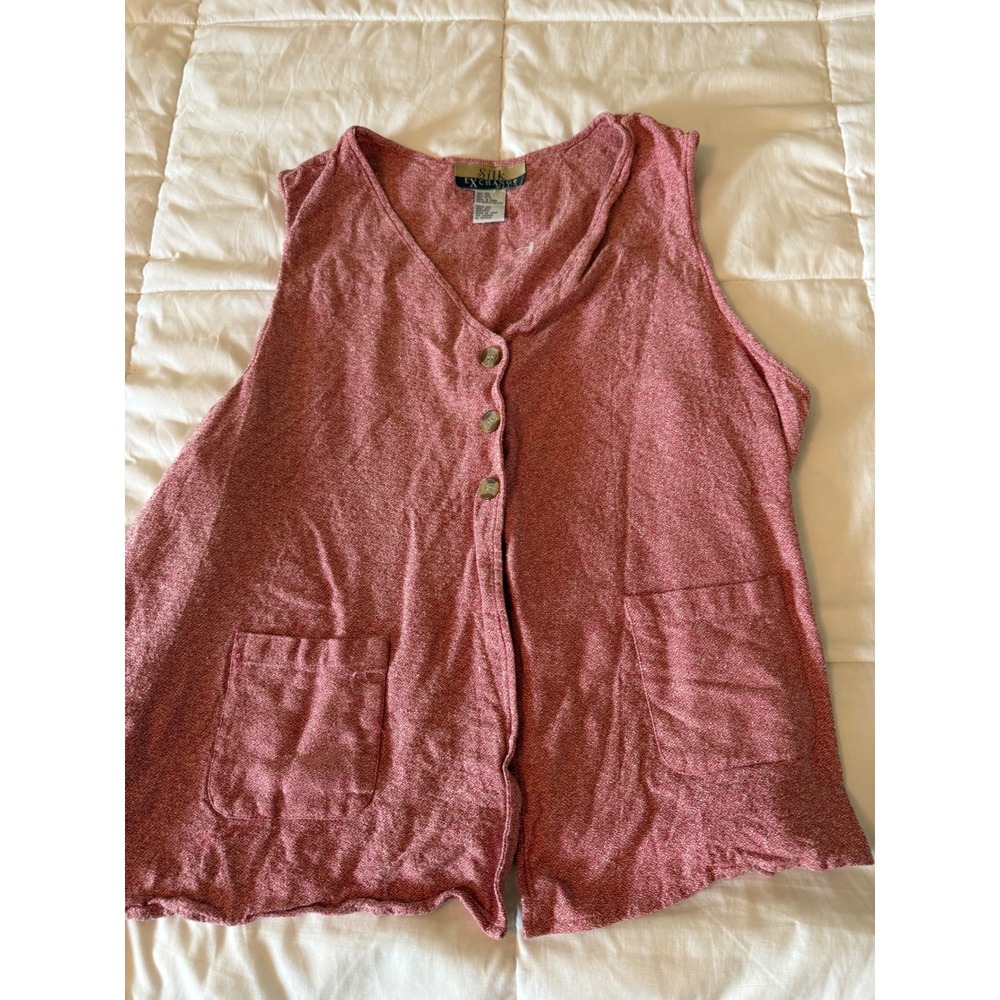 Silk Exchange Vintage Red Heathered Button Front Vest Silk Cotton Blend XL